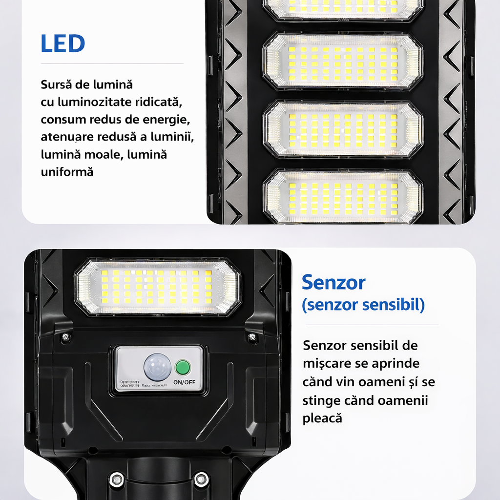 Lampă Solară Stradală 300W JORTAN cu 6 cadrane LED , Panou Solar 3.2V Baterie 24.000 mAh, Telecomandă Wireless, Senzor Lumina, Autonomie până la 24h, Protecție IP65