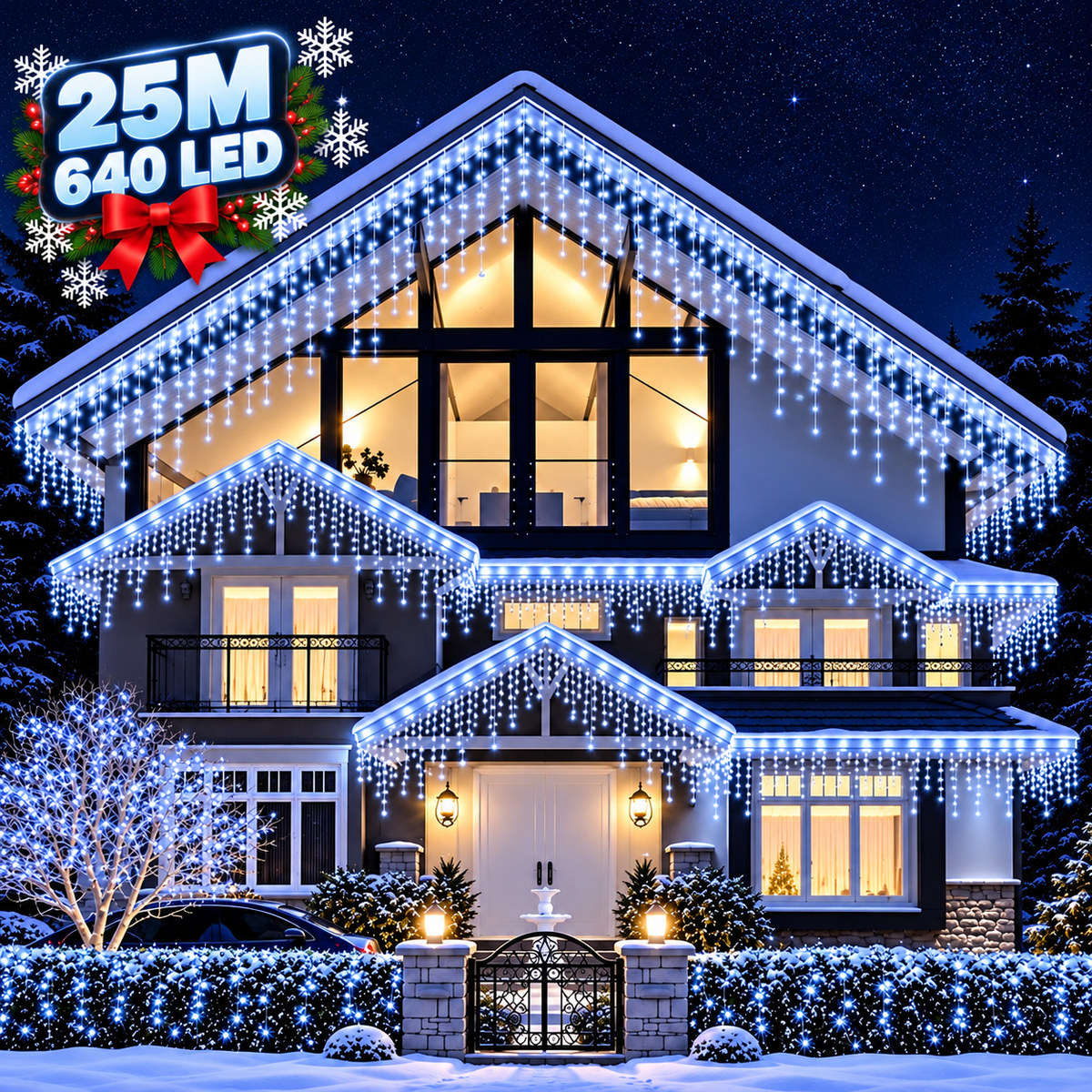 Instalatie Luminoasa de Craciun Tip Turturi, 25 m, 640 LED-uri Alb Rece, Interconectabila, 8 Moduri de Iluminare, IP44, Alimentare 220V, pentru Casa, Balcon, Terasa si Exterior