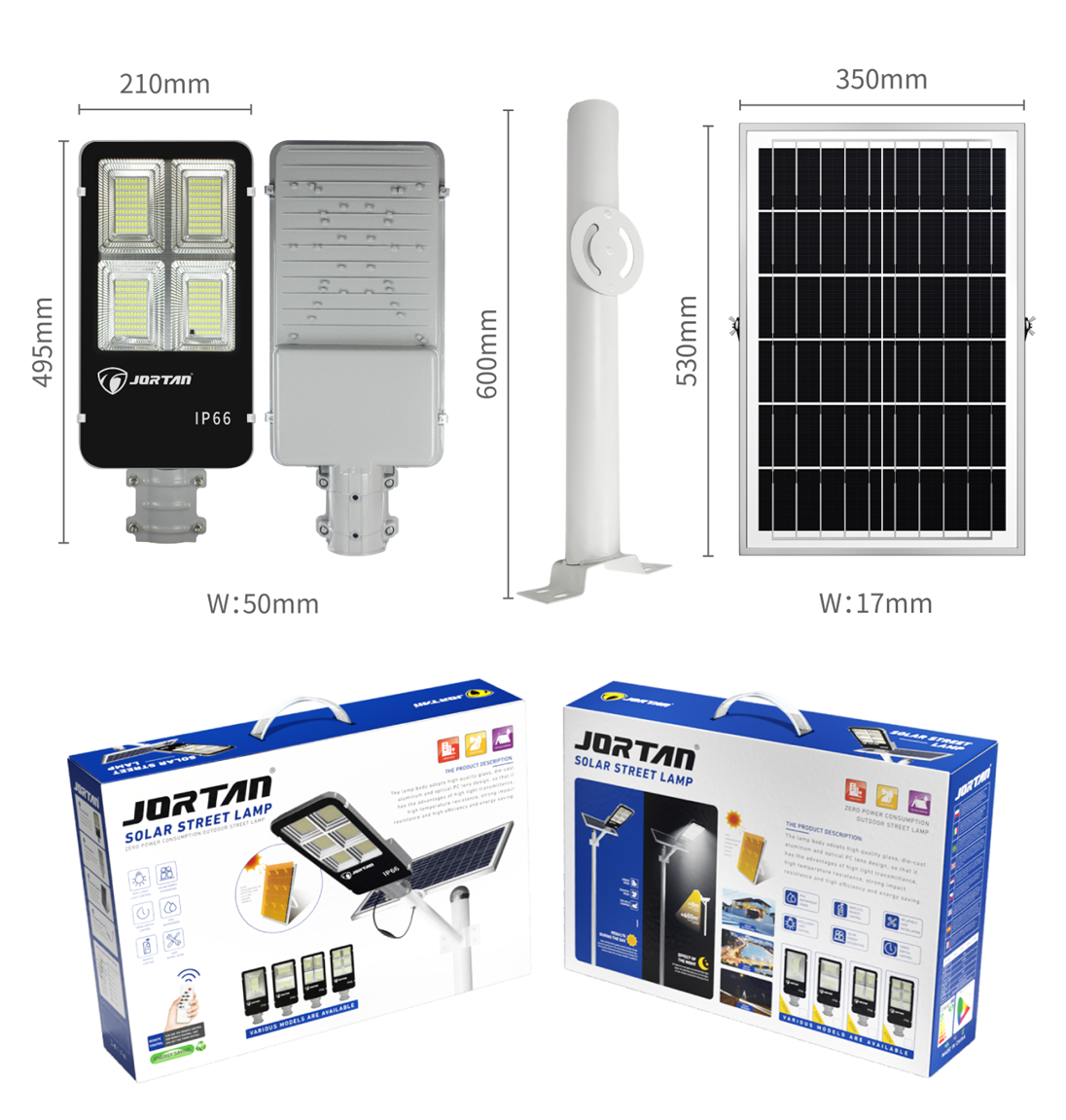 Lampă Solară Stradală 400W JORTAN cu 400 LED SMD, Panou Solar 38W, Baterie 35.000 mAh, Brat de Montare Inclus, Telecomandă pentru Controlul Lămpii, Iluminare 6500K Alb Rece, Unghi 120°, Autonomie până la 24h, Protecție IP66