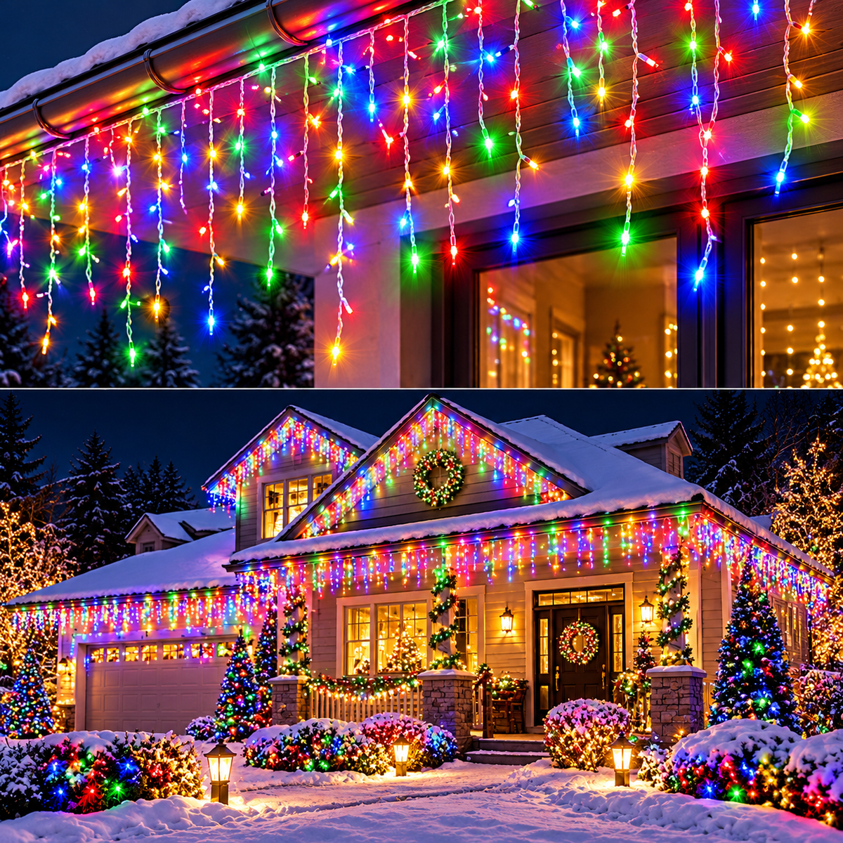 Instalatie Luminoasa de Craciun Tip Turturi, 12 m, 300 LED-uri Multicolore, Interconectabila, 8 Moduri de Iluminare, IP44, Alimentare 220V, pentru Casa, Balcon, Terasa si Exterior