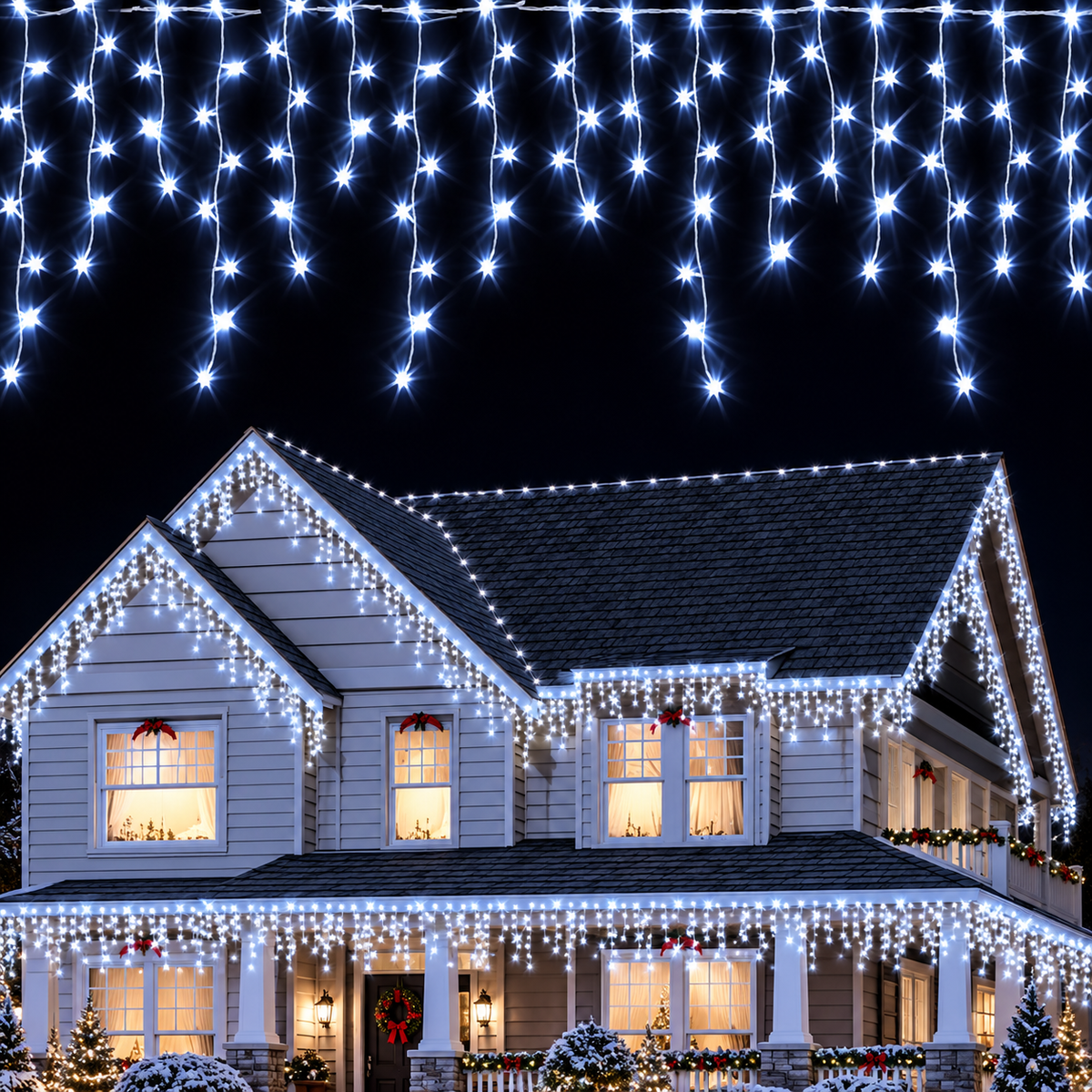 Instalatie Luminoasa de Craciun Tip Turturi, 20 m, 500 LED-uri Alb Rece, Interconectabila, 8 Moduri de Iluminare, IP44, Alimentare 220V, pentru Casa, Balcon, Terasa si Exterior