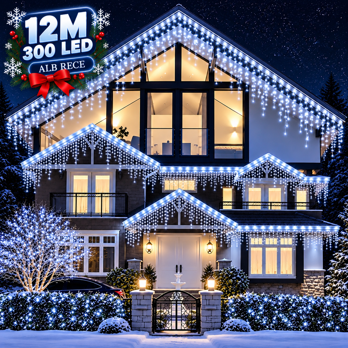 Instalatie Luminoasa de Craciun Tip Turturi, 12 m, 300 LED-uri Alb Rece, Interconectabila, 8 Moduri de Iluminare, IP44, Alimentare 220V, pentru Casa, Balcon, Terasa si Exterior