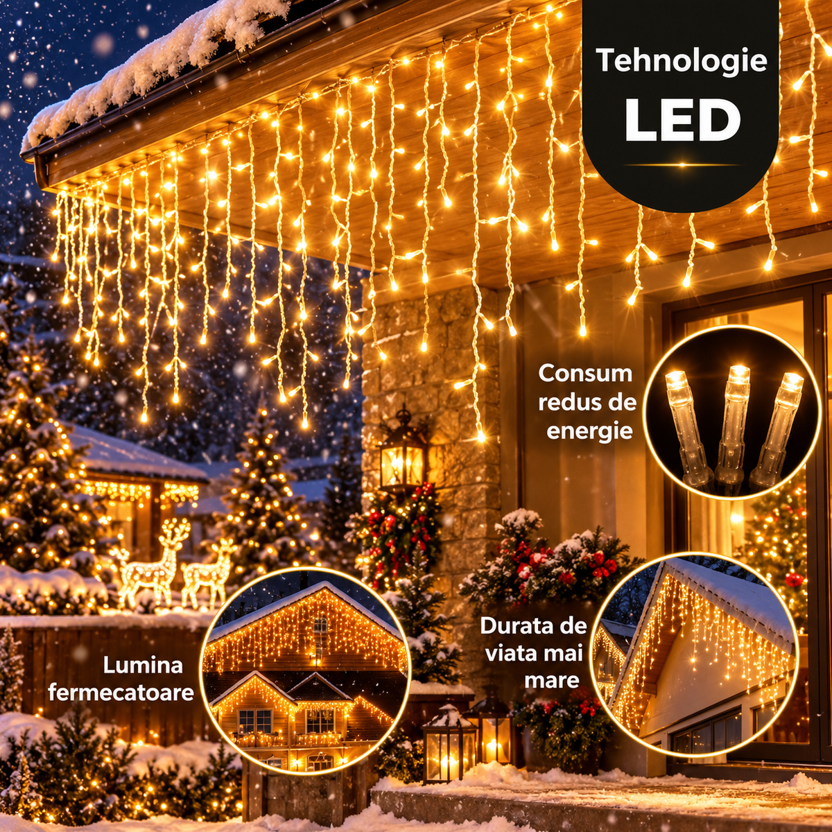Instalatie Craciun tip turturi 12 metri, 300 LED-uri Alb Cald, interconectabila, 8 jocuri de lumini, pentru exterior si interior, decor luminos festiv fatada, balcon, terasa, gard, protectie IP44, alimentare 220V