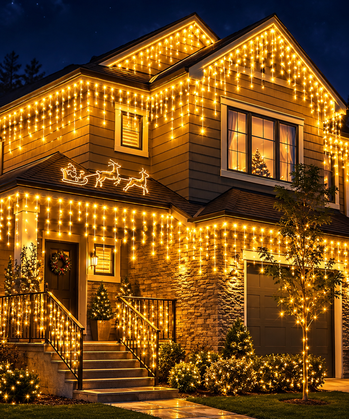 Instalatie Craciun tip turturi 12 metri, 300 LED-uri Alb Cald, interconectabila, 8 jocuri de lumini, pentru exterior si interior, decor luminos festiv fatada, balcon, terasa, gard, protectie IP44, alimentare 220V