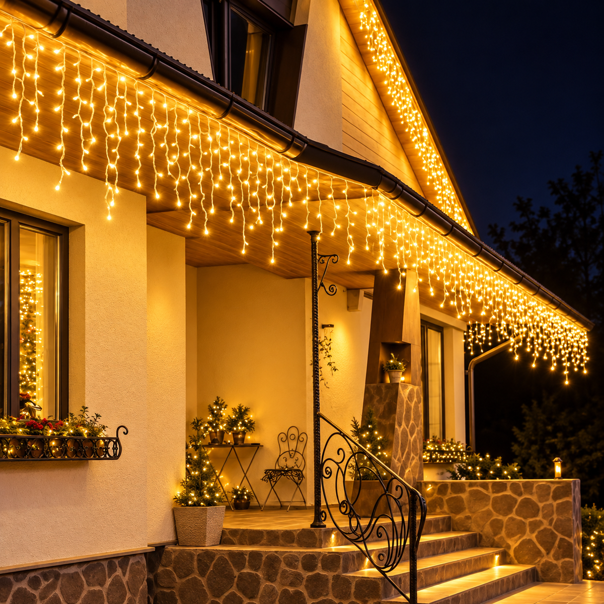 Instalatie Craciun tip turturi 20 metri, 500 LED-uri Alb Cald, interconectabila, 8 jocuri de lumini, pentru exterior si interior, decor luminos festiv fatada, balcon, terasa, gard, protectie IP44, alimentare 220V