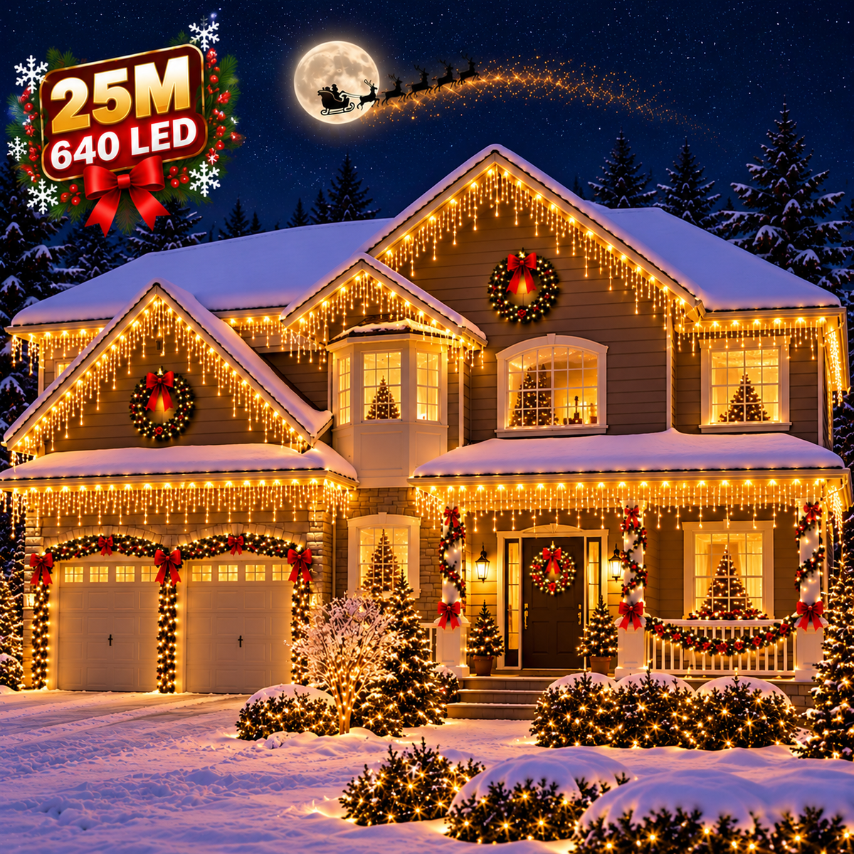 Instalatie Craciun tip turturi 25 metri, 640 LED-uri Alb Cald, interconectabila, 8 jocuri de lumini, pentru exterior si interior, decor luminos festiv fatada, balcon, terasa, gard, protectie IP44, alimentare 220V