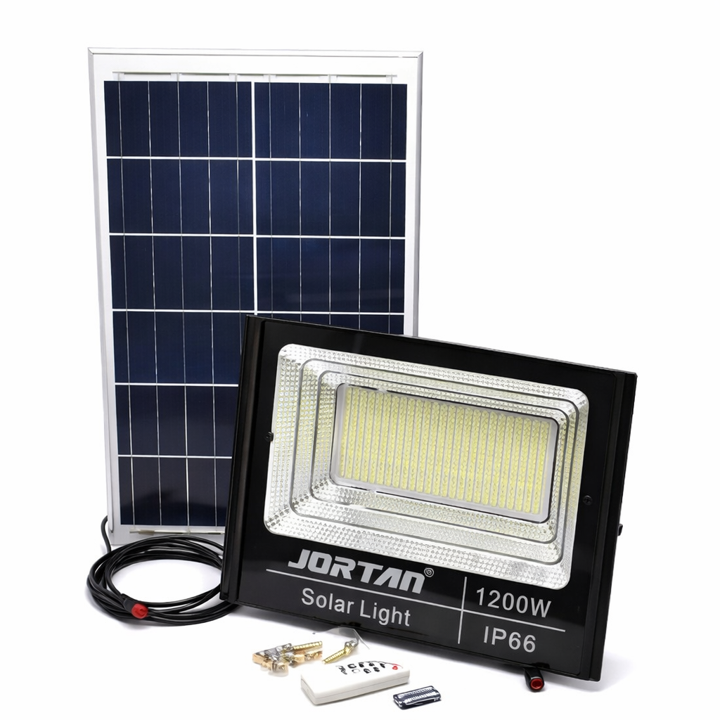 Proiector Solar LED 1200W JORTAN Exterior cu Panou Solar Extern, Telecomandă, Lumină Alb Rece 6500K, IP66 Rezistent la Apă și Praf, Fără Consum Electric, Ideal pentru Curte, Alee, Garaj și Parcare
