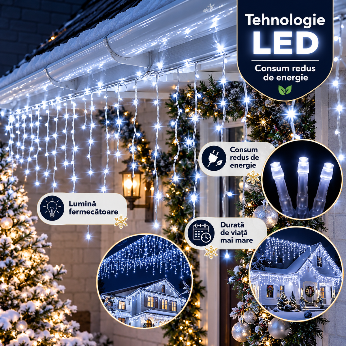 Instalatie Luminoasa de Craciun Tip Turturi, 20 m, 500 LED-uri Alb Rece, Interconectabila, 8 Moduri de Iluminare, IP44, Alimentare 220V, pentru Casa, Balcon, Terasa si Exterior