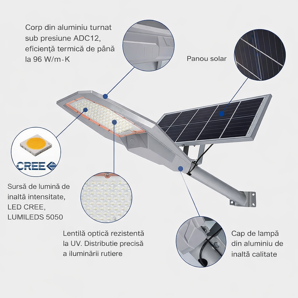 Lampa Solara LED 1200W de Înalta Putere cu Autonomie Mare și Protecție IP65 pentru Exterior