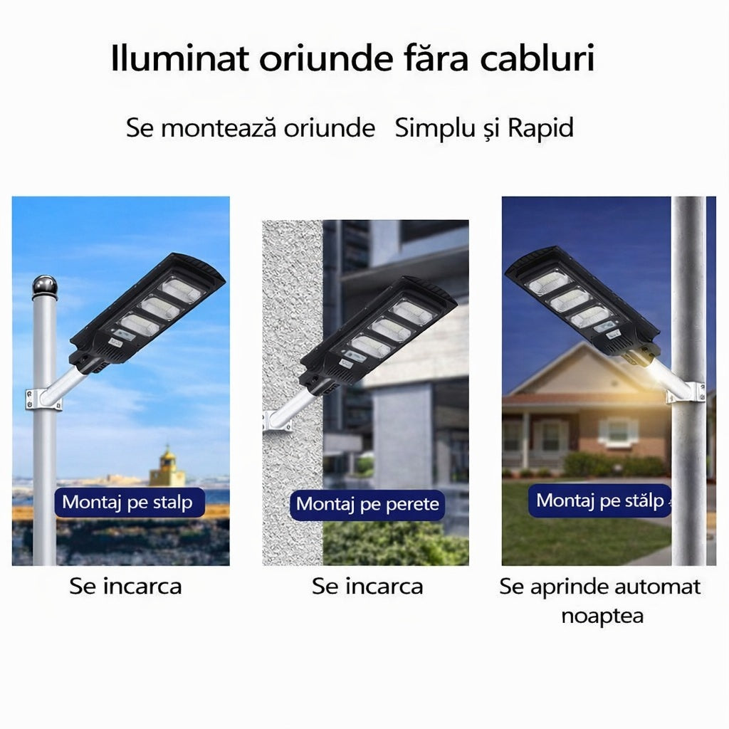 Lampa Solara Stradala 150W JORTAN cu 3 cadrane LED , Panou Solar 3.2V Baterie 12.000 mAh, Telecomanda Wireless, Senzor Lumina, Autonomie până la 24h, Protecție IP65