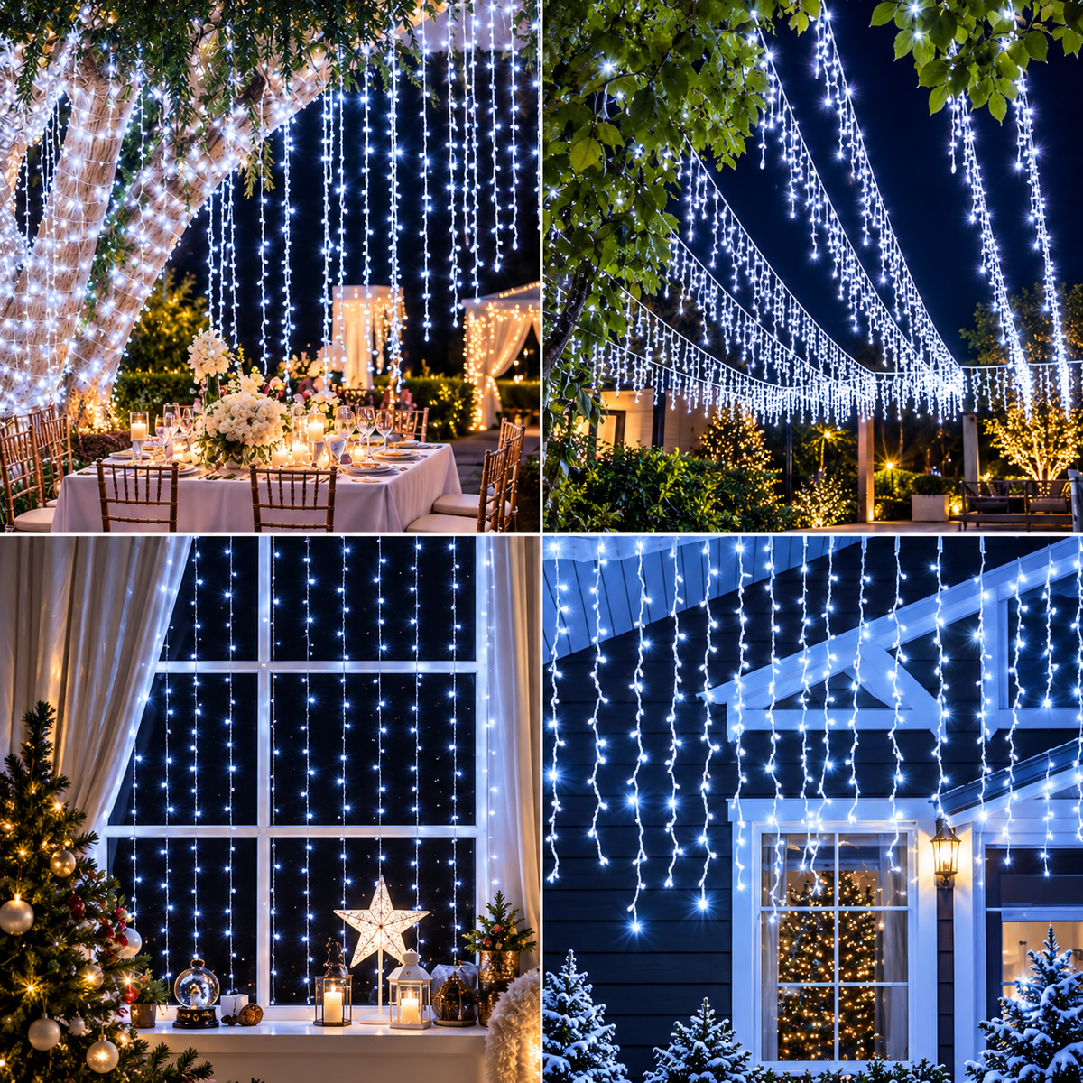 Instalatie Luminoasa de Craciun Tip Turturi, 12 m, 300 LED-uri Alb Rece, Interconectabila, 8 Moduri de Iluminare, IP44, Alimentare 220V, pentru Casa, Balcon, Terasa si Exterior