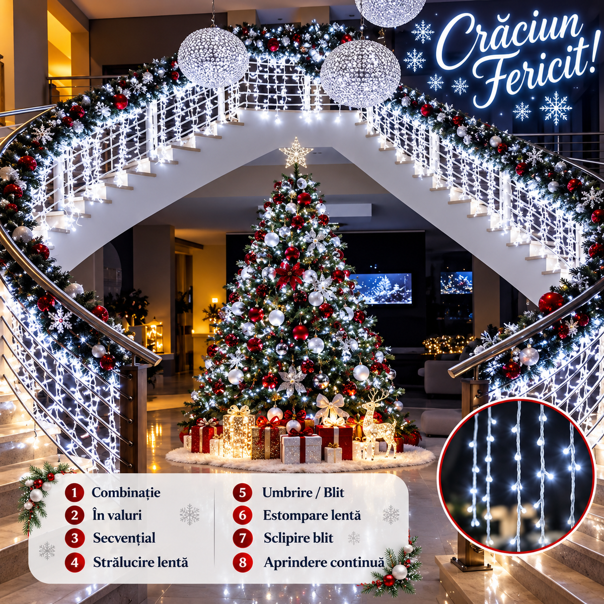 Instalatie Luminoasa de Craciun Tip Turturi, 12 m, 300 LED-uri Alb Rece, Interconectabila, 8 Moduri de Iluminare, IP44, Alimentare 220V, pentru Casa, Balcon, Terasa si Exterior