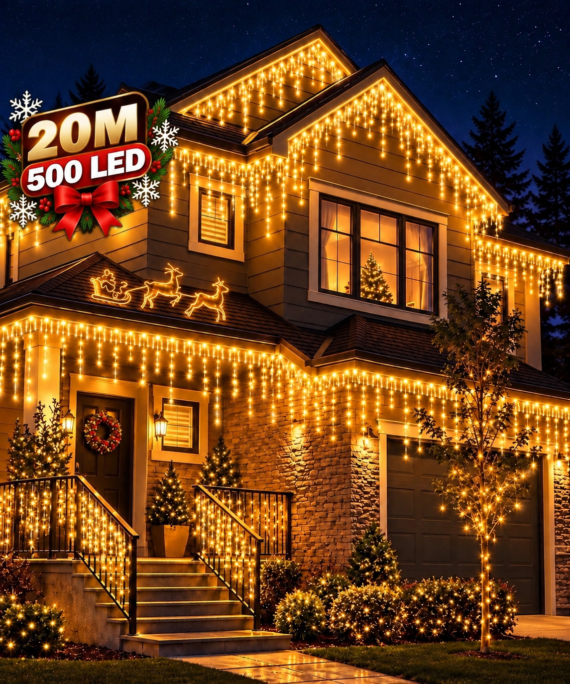 Instalatie Craciun tip turturi 20 metri, 500 LED-uri Alb Cald, interconectabila, 8 jocuri de lumini, pentru exterior si interior, decor luminos festiv fatada, balcon, terasa, gard, protectie IP44, alimentare 220V