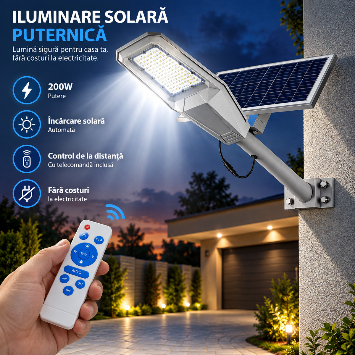 Lampa Solara Stradala Aluminiu Warship, 200W, Acumulator 20000 mAh, Telecomanda, Panou solar Aluminiu, Kit Montaj Inclus, Stalp metalic, Pentru Exterior, Gri