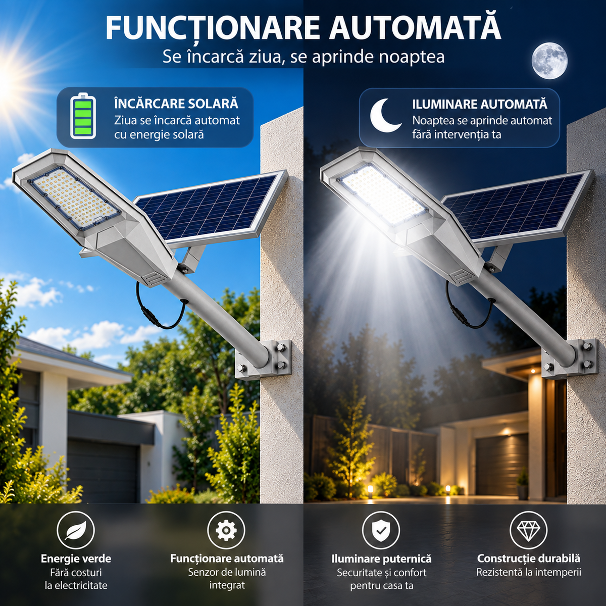 Lampa Solara Stradala Aluminiu Warship, 400W, Acumulator 30000 mAh, Telecomanda, Panou solar Aluminiu, Kit Montaj Inclus, Stalp metalic, Pentru Exterior, Gri