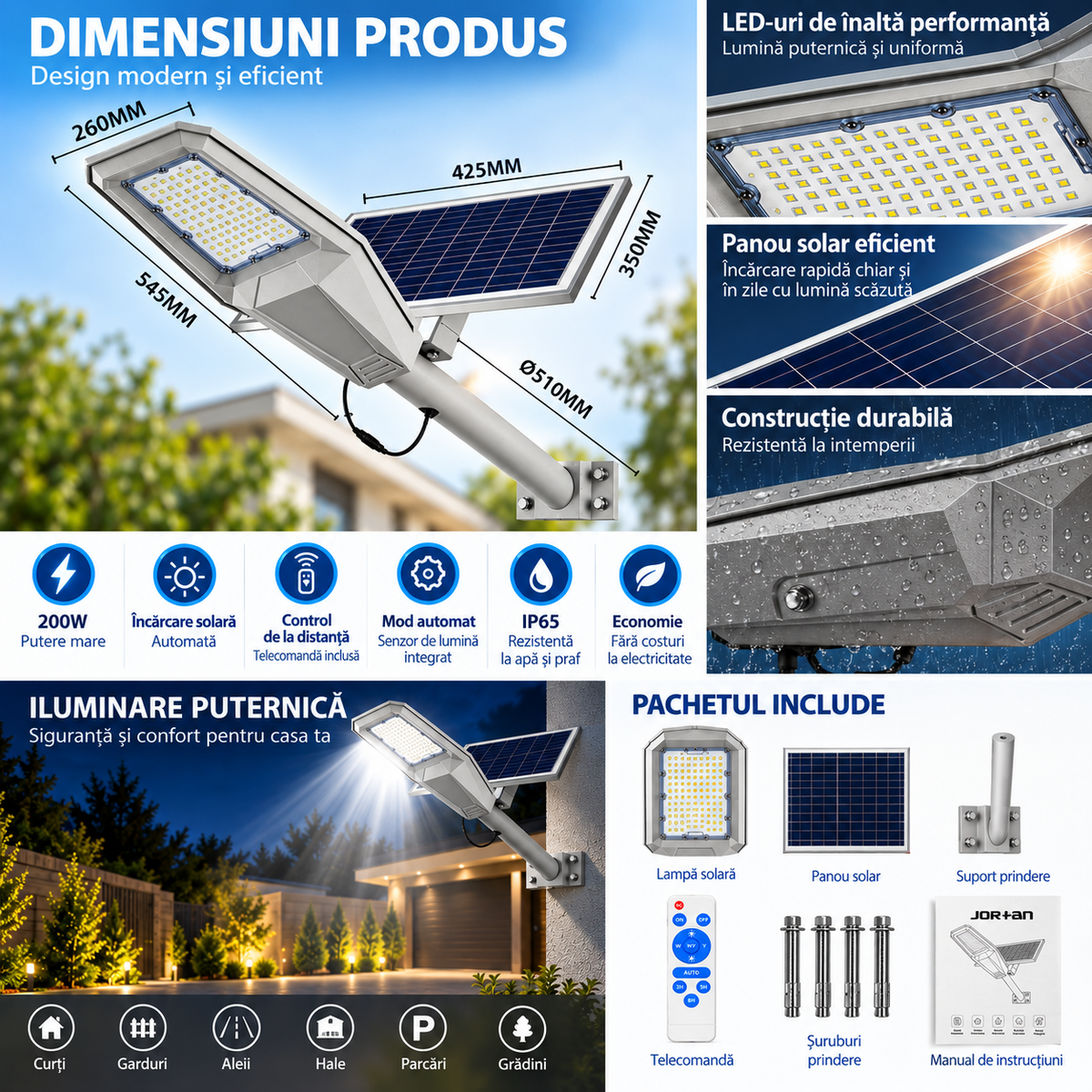 Lampa Solara Stradala Aluminiu Warship, 200W, Acumulator 20000 mAh, Telecomanda, Panou solar Aluminiu, Kit Montaj Inclus, Stalp metalic, Pentru Exterior, Gri