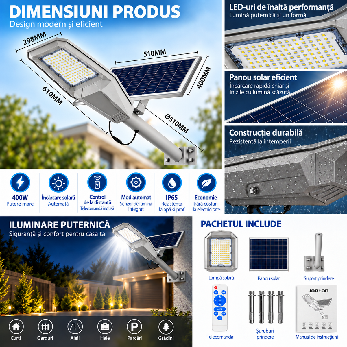 Lampa Solara Stradala Aluminiu Warship, 400W, Acumulator 30000 mAh, Telecomanda, Panou solar Aluminiu, Kit Montaj Inclus, Stalp metalic, Pentru Exterior, Gri
