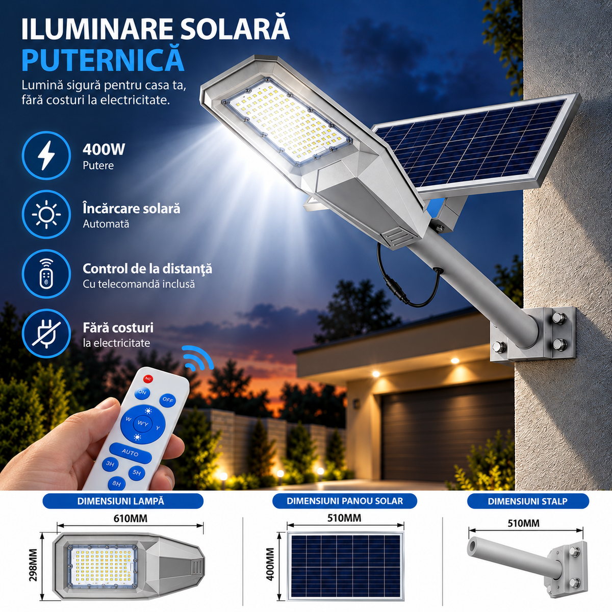 Lampa Solara Stradala Aluminiu Warship, 400W, Acumulator 30000 mAh, Telecomanda, Panou solar Aluminiu, Kit Montaj Inclus, Stalp metalic, Pentru Exterior, Gri