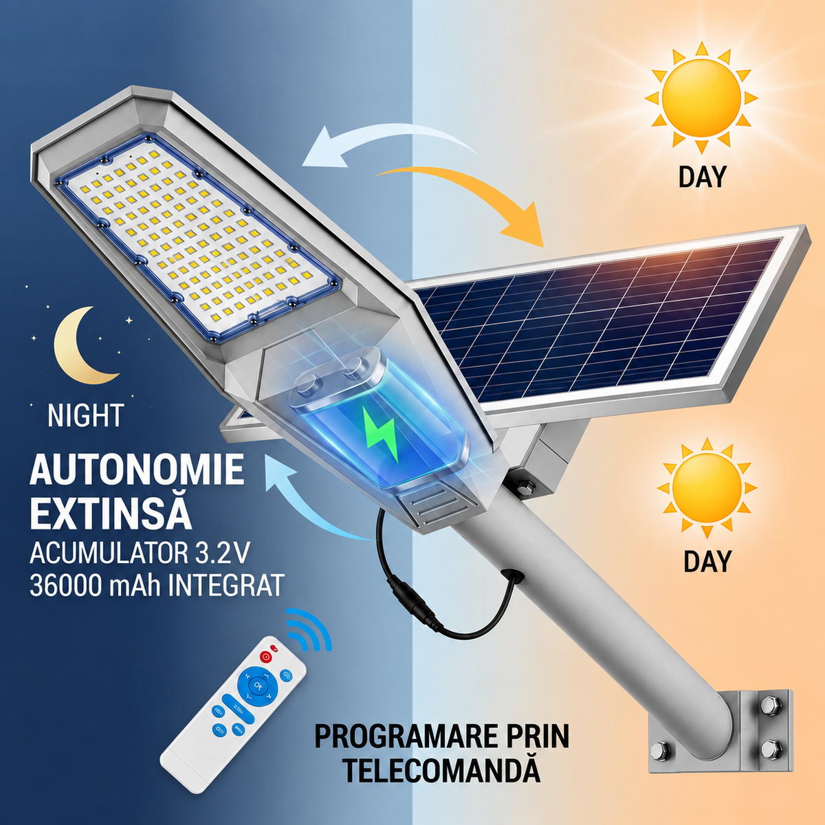 Lampa Solara Stradala Aluminiu Warship, 600W, Acumulator 36000 mAh, Telecomanda, Panou solar Aluminiu, Kit Montaj Inclus, Stalp metalic, Pentru Exterior, Gri