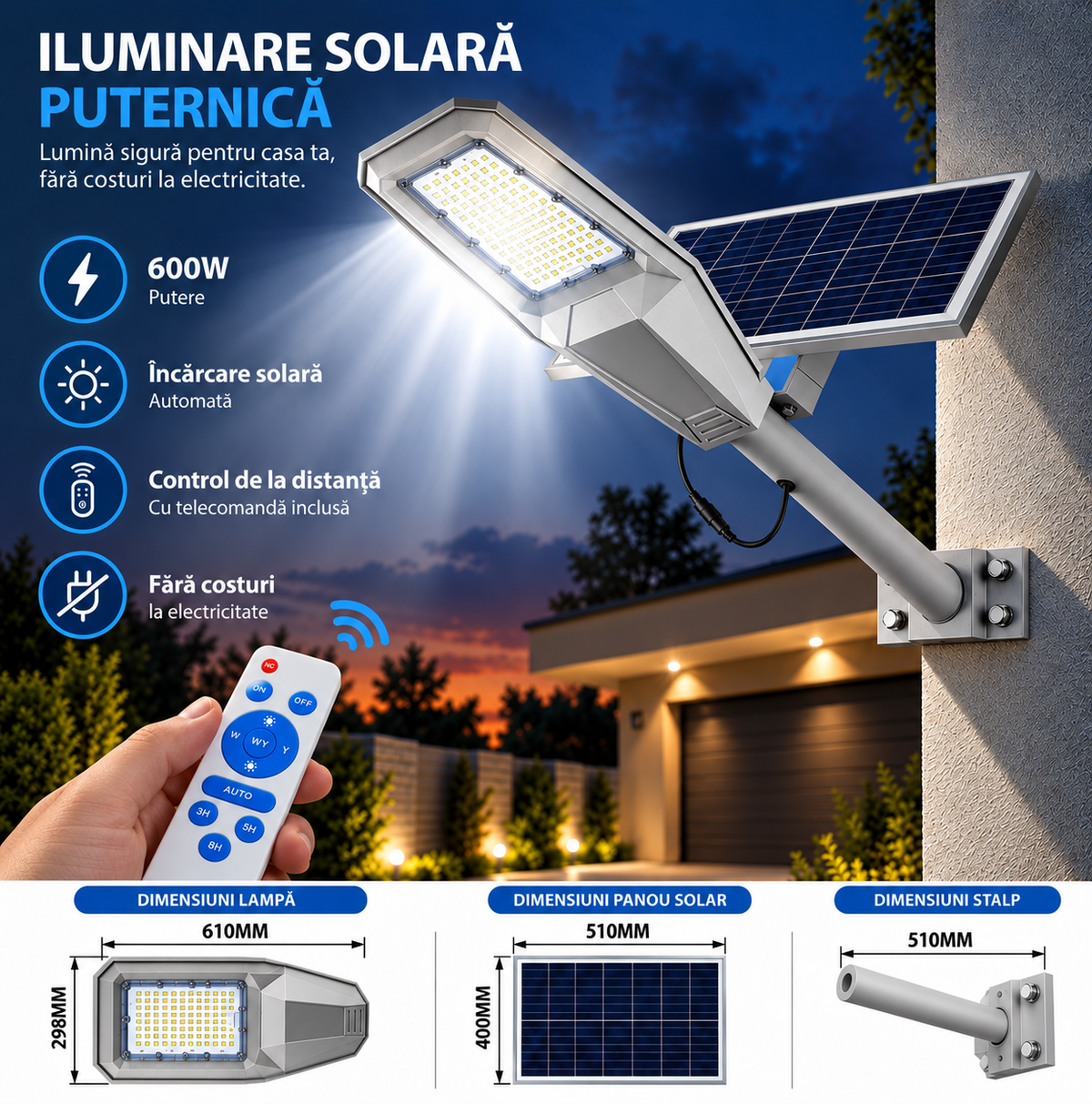Lampa Solara Stradala Aluminiu Warship, 600W, Acumulator 36000 mAh, Telecomanda, Panou solar Aluminiu, Kit Montaj Inclus, Stalp metalic, Pentru Exterior, Gri