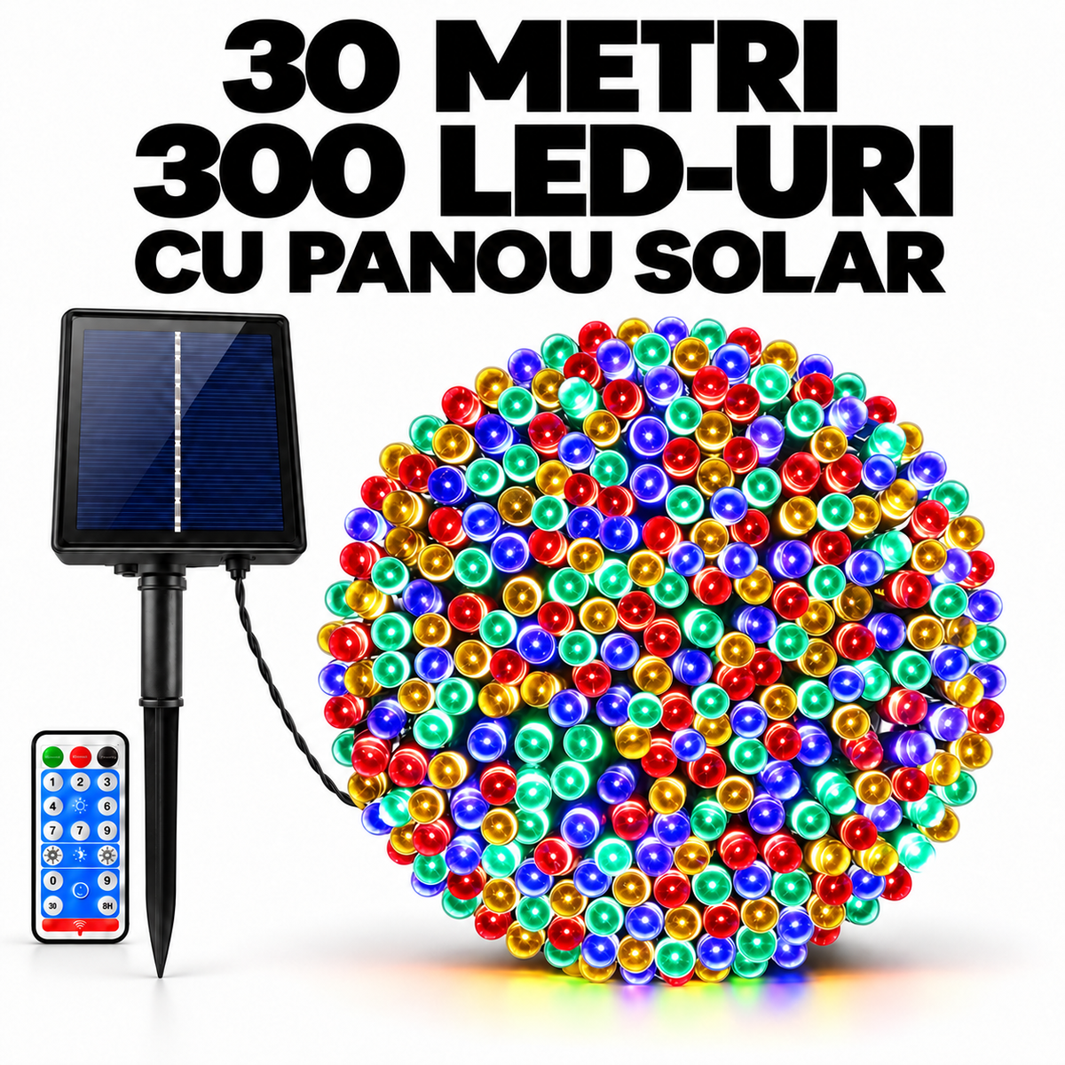 Instalatie solara de Craciun, 30 m, 300 LED-uri, multicolor