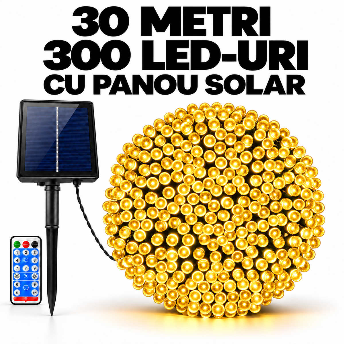 Instalatie solara de Craciun, 30 m, 300 LED-uri, galben cald