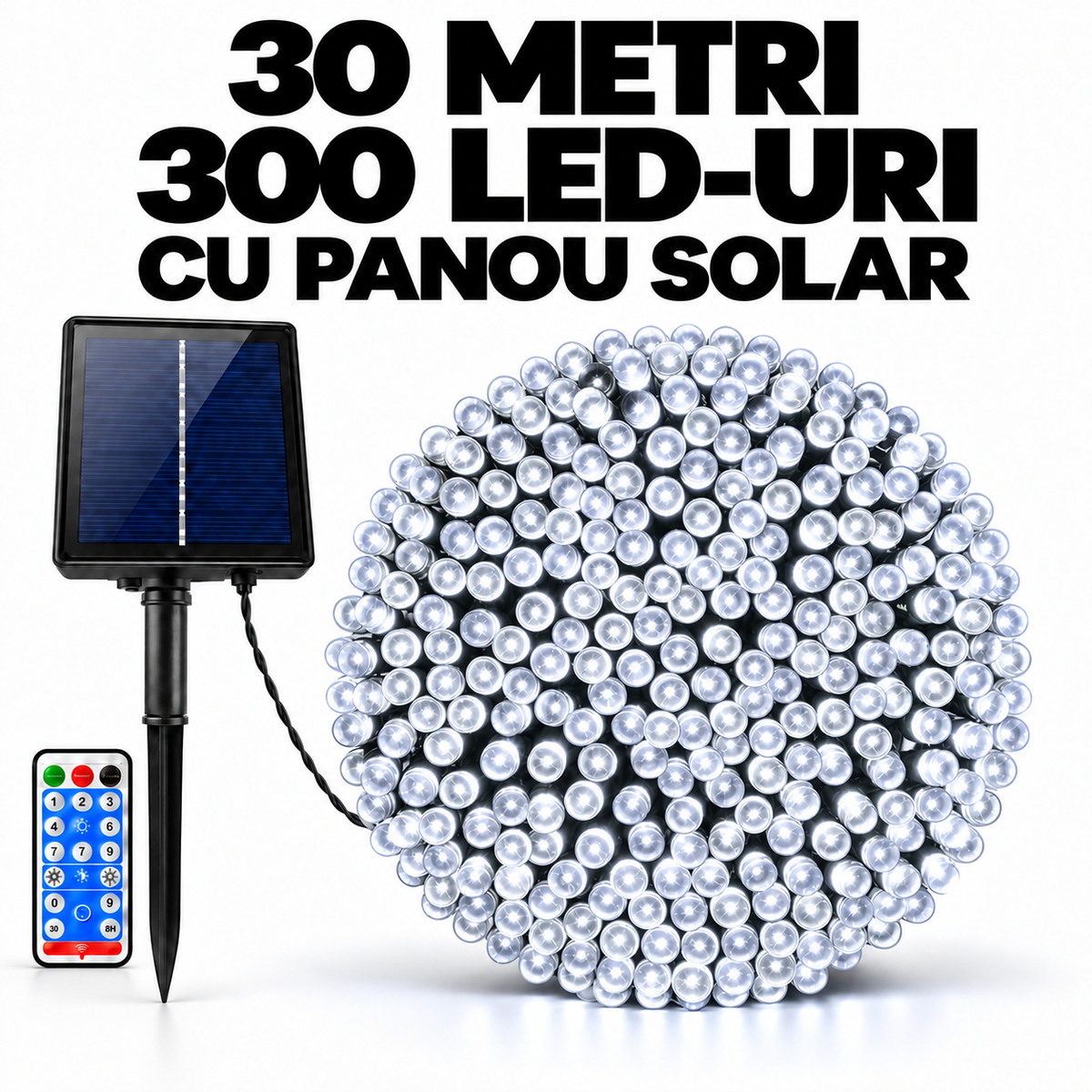 Instalatie solara de Craciun, 30 m, 300 LED-uri, alb rece, IP 66