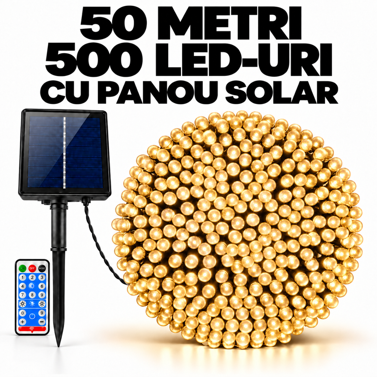 Instalatie solara de Craciun, 50 m, 500 LED-uri, galben cald, IP 66
