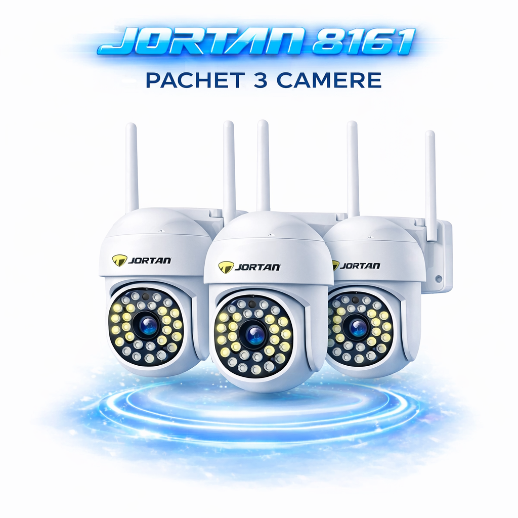 Pachet 3 Camere de Supraveghere WiFi Jortan 8161, 2MP Full HD 1080P, PTZ 355°, Exterior IP66, Vedere Nocturna Color, Audio Bidirectional, Aplicatie Yoosee, 3 Carduri MicroSD 32GB Incluse