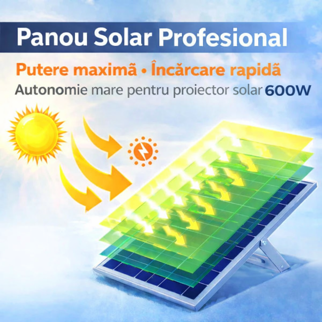 Proiector Solar LED 600W JORTAN, Rama aluminiu, Panou Solar 40W, 165 LED-uri Ultra Puternice, Senzor de Mișcare, Telecomandă, IP66 Impermeabil, Fără Consum Electric, pentru Curte, Parcare, Alee