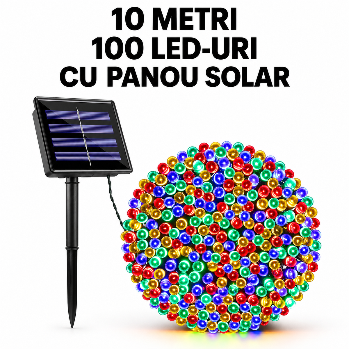 Instalatie solara de Craciun, 10 m, 100 LED-uri, multicolor, IP 66