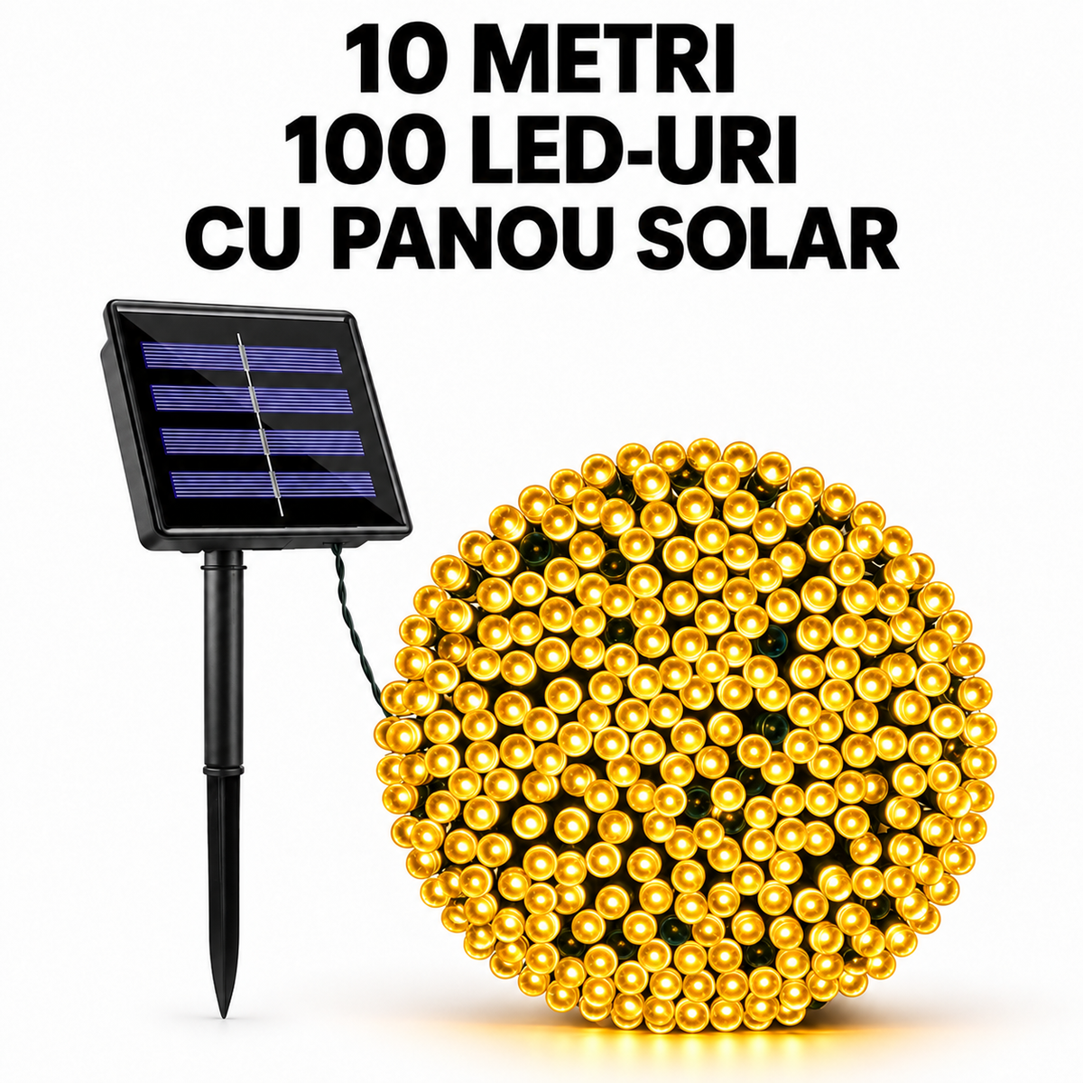 Instalatie solara de Craciun, 10 m, 100 LED-uri, galben cald, IP 66