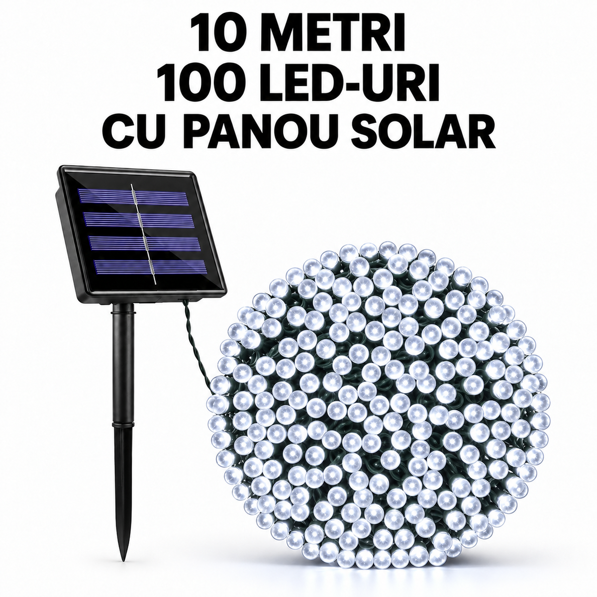 Instalatie solara de Craciun, 10 m, 100 LED-uri, alb rece
