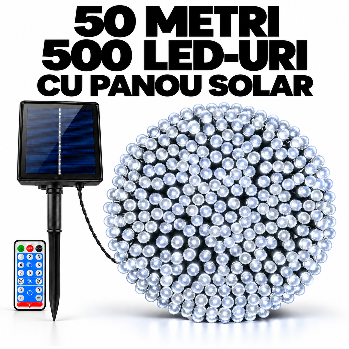 Instalatie solara de Craciun, 50 m, 500 LED-uri, alb rece, IP 66