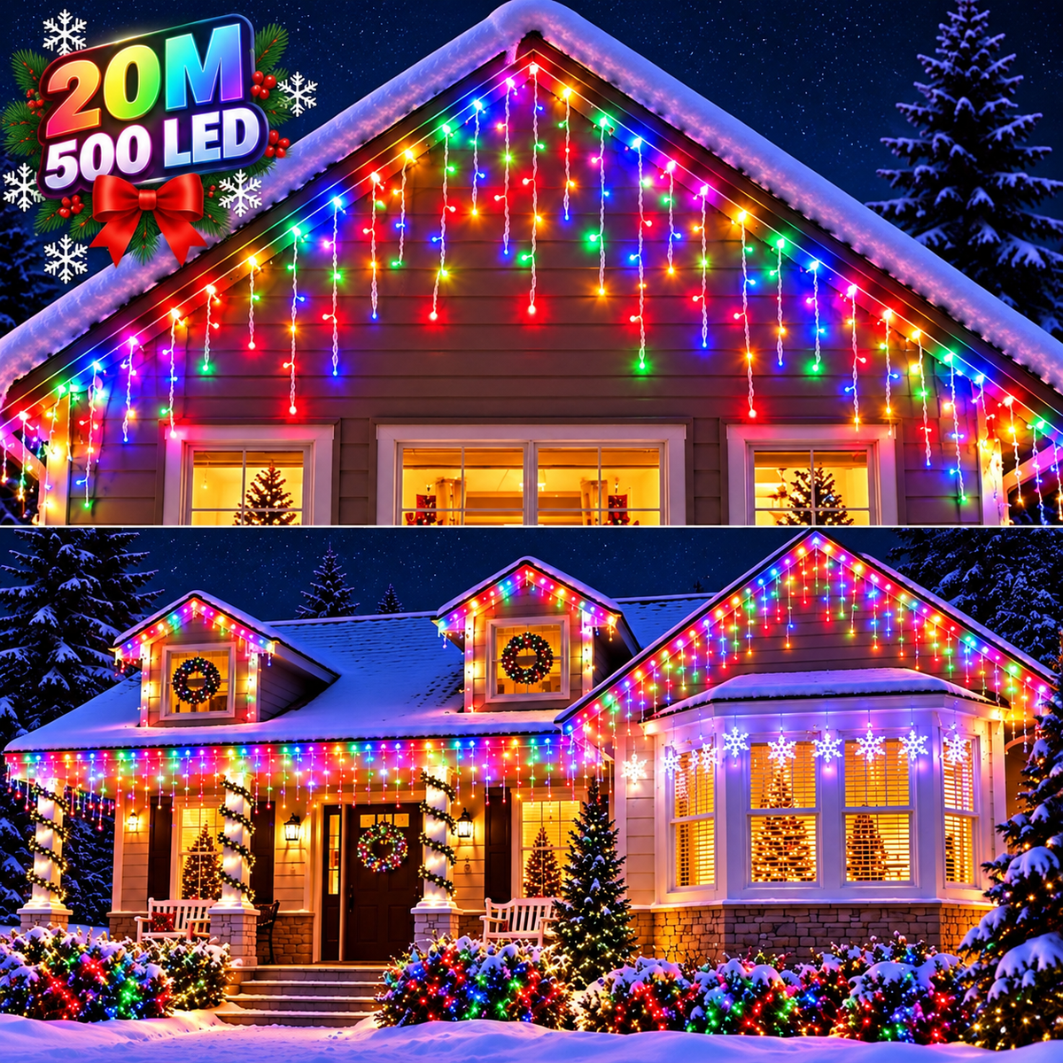Instalatie Luminoasa de Craciun Tip Turturi, 20 m, 500 LED-uri Multicolore, Interconectabila, 8 Moduri de Iluminare, IP44, Alimentare 220V, pentru Casa, Balcon, Terasa si Exterior