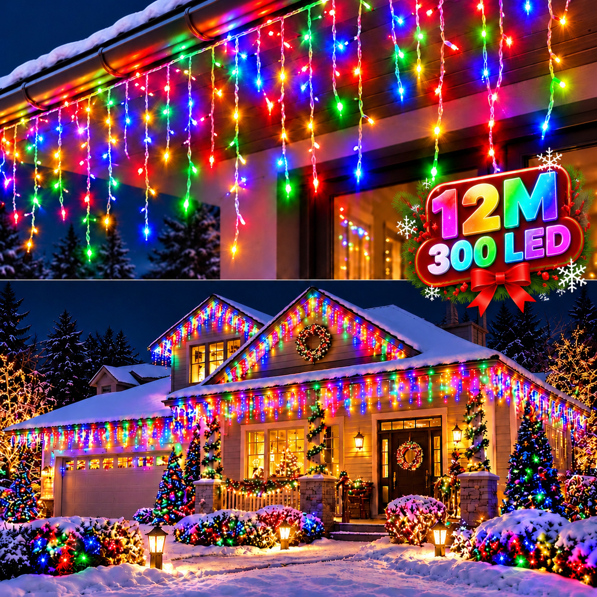 Instalatie Luminoasa de Craciun Tip Turturi, 12 m, 300 LED-uri Multicolore, Interconectabila, 8 Moduri de Iluminare, IP44, Alimentare 220V, pentru Casa, Balcon, Terasa si Exterior