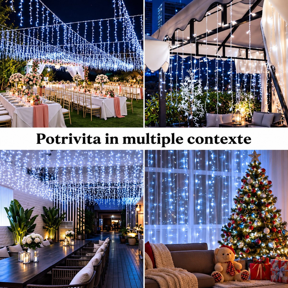 Instalatie Luminoasa de Craciun Tip Turturi, 20 m, 500 LED-uri Alb Rece, Interconectabila, 8 Moduri de Iluminare, IP44, Alimentare 220V, pentru Casa, Balcon, Terasa si Exterior