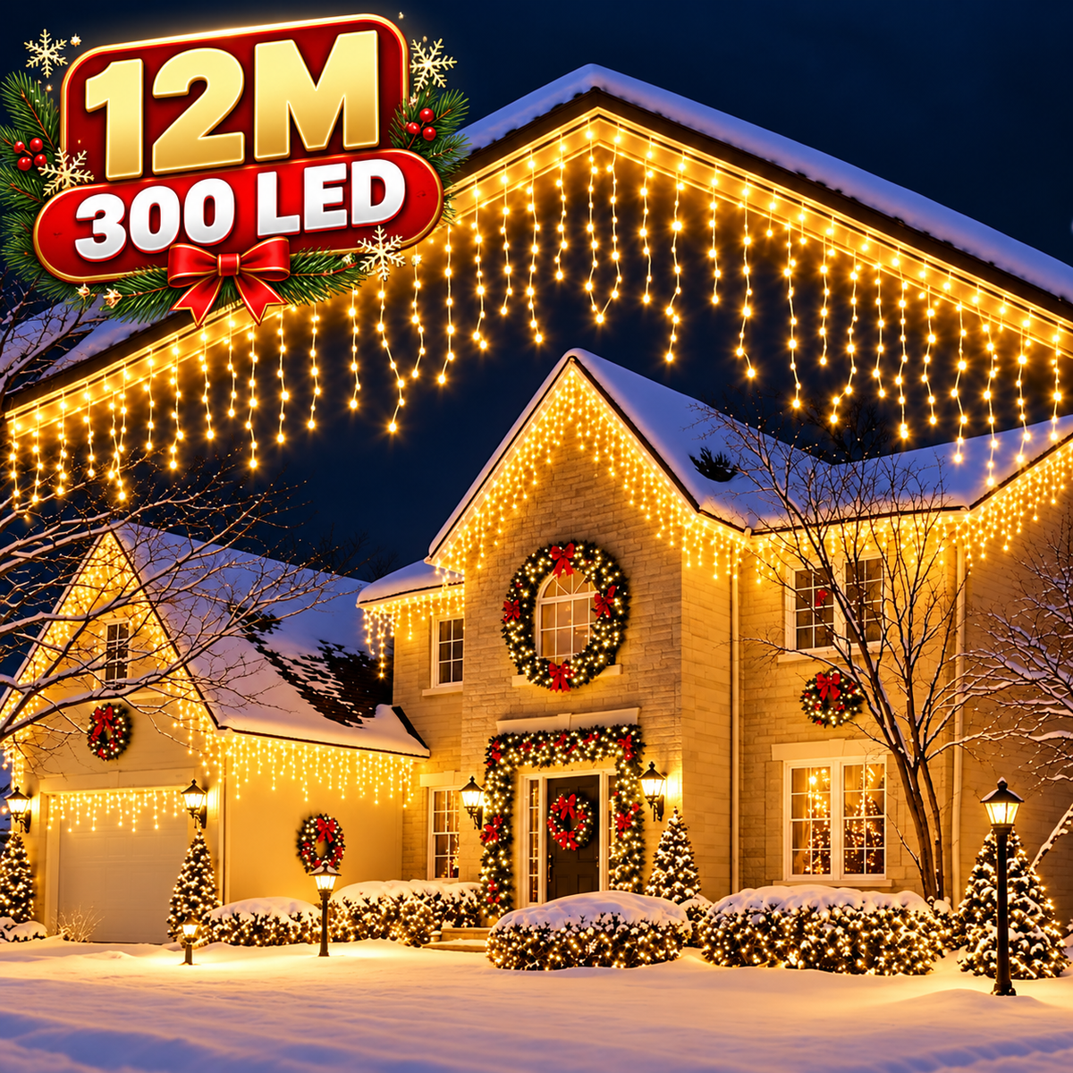 Instalatie Craciun tip turturi 12 metri, 300 LED-uri Alb Cald, interconectabila, 8 jocuri de lumini, pentru exterior si interior, decor luminos festiv fatada, balcon, terasa, gard, protectie IP44, alimentare 220V