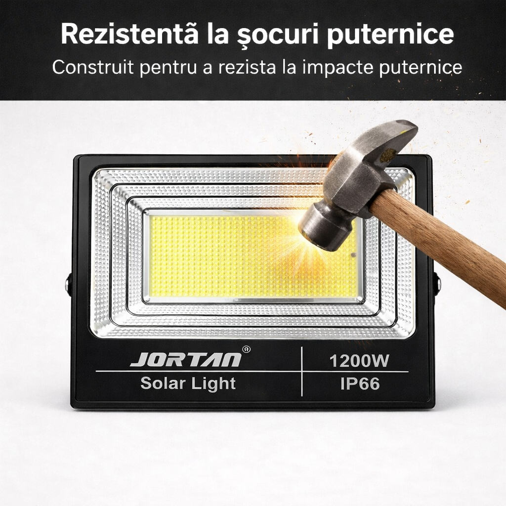 Proiector Solar LED 1200W JORTAN Exterior cu Panou Solar Extern, Telecomandă, Lumină Alb Rece 6500K, IP66 Rezistent la Apă și Praf, Fără Consum Electric, Ideal pentru Curte, Alee, Garaj și Parcare