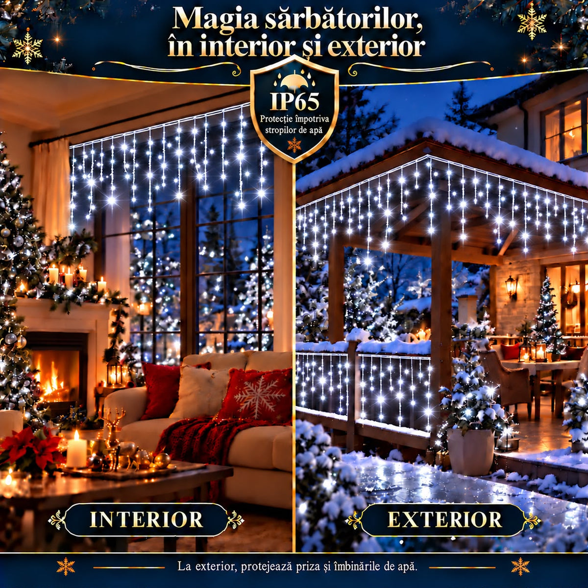 Instalatie de Craciun tip Turturi Flash, Alb rece cu Flash Alb rece , 25 m, 600 LED-uri, Franjuri 50/60/70 cm, Fir Alb Gros 2.0, Interconectabili, IP65, Interior/Exterior