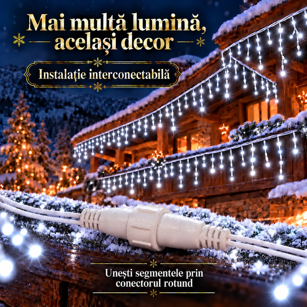 Instalatie de Craciun tip Turturi Flash, Alb rece cu Flash Alb rece , 25 m, 600 LED-uri, Franjuri 50/60/70 cm, Fir Alb Gros 2.0, Interconectabili, IP65, Interior/Exterior