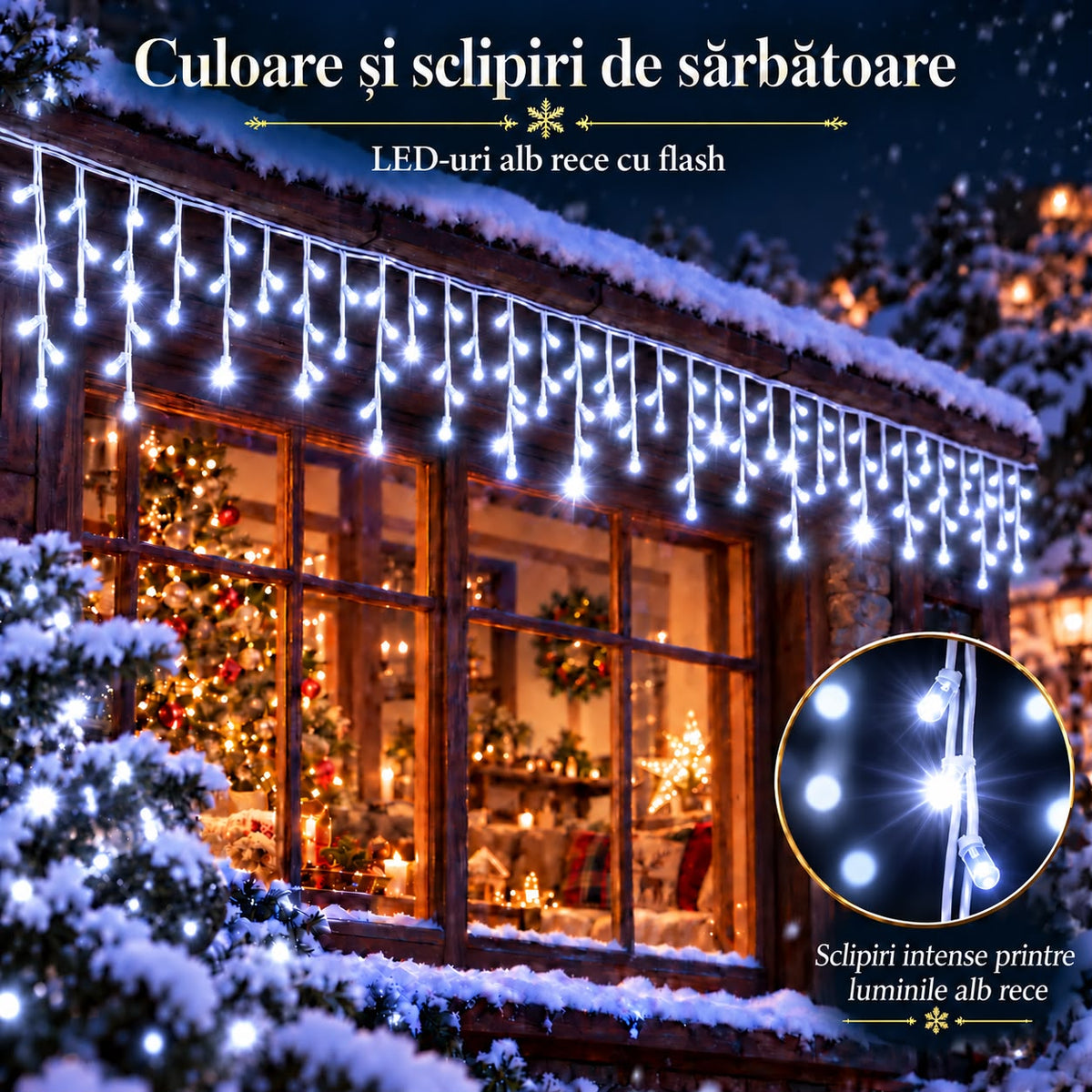 Instalatie de Craciun tip Turturi Flash, Alb rece cu Flash Alb rece , 25 m, 600 LED-uri, Franjuri 50/60/70 cm, Fir Alb Gros 2.0, Interconectabili, IP65, Interior/Exterior
