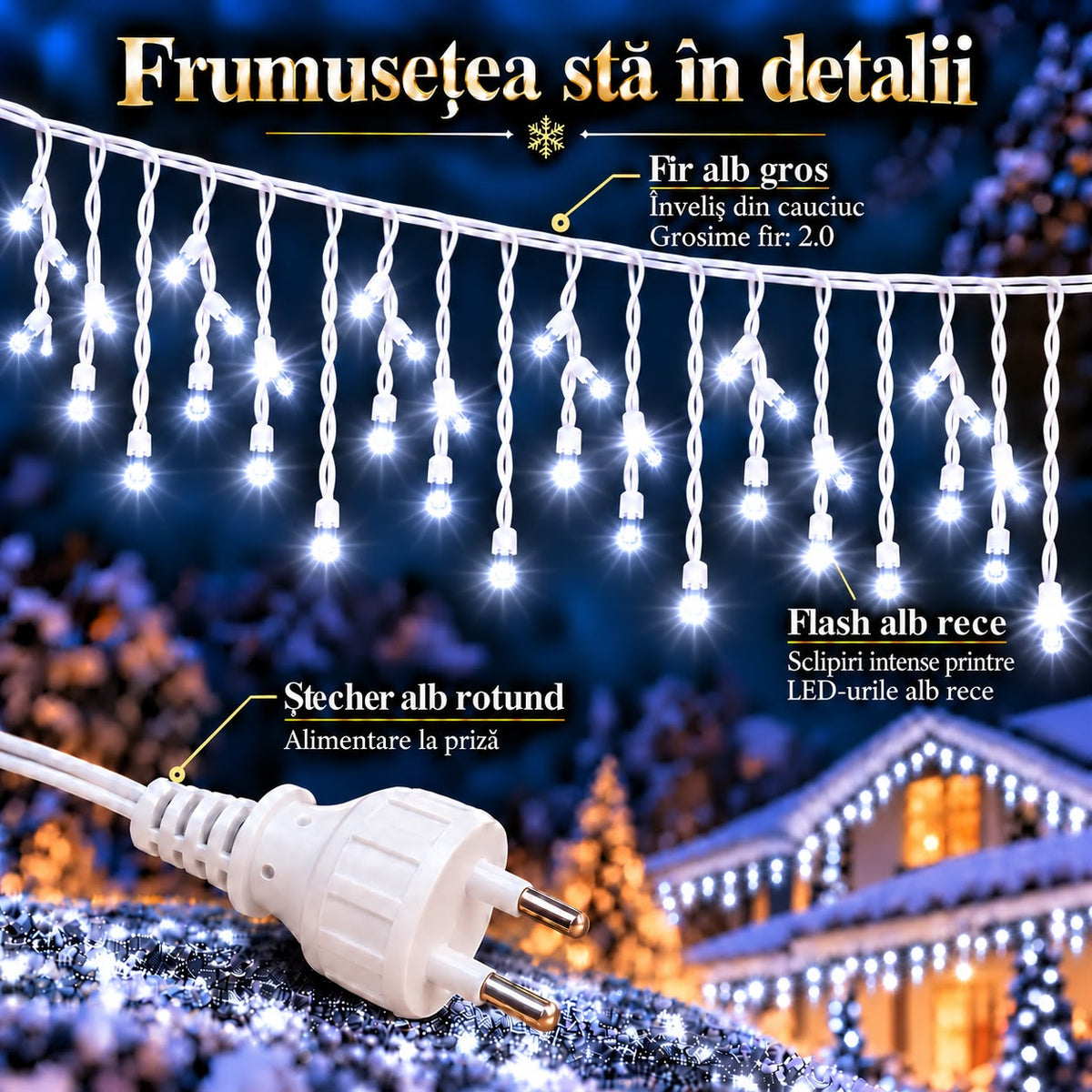 Instalatie de Craciun tip Turturi Flash, Alb rece cu Flash Alb rece , 25 m, 600 LED-uri, Franjuri 50/60/70 cm, Fir Alb Gros 2.0, Interconectabili, IP65, Interior/Exterior