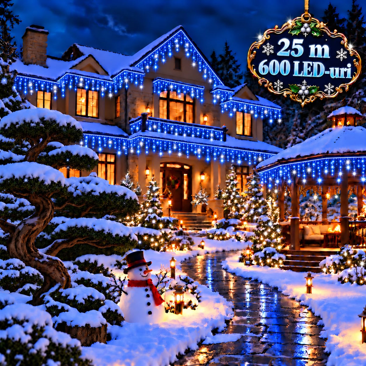 Instalatie de Craciun tip Turturi Flash, Albastri cu Flash Alb rece , 25 m, 600 LED-uri, Franjuri 50/60/70 cm, Fir Alb Gros 2.0, Interconectabili, IP65, Interior/Exterior