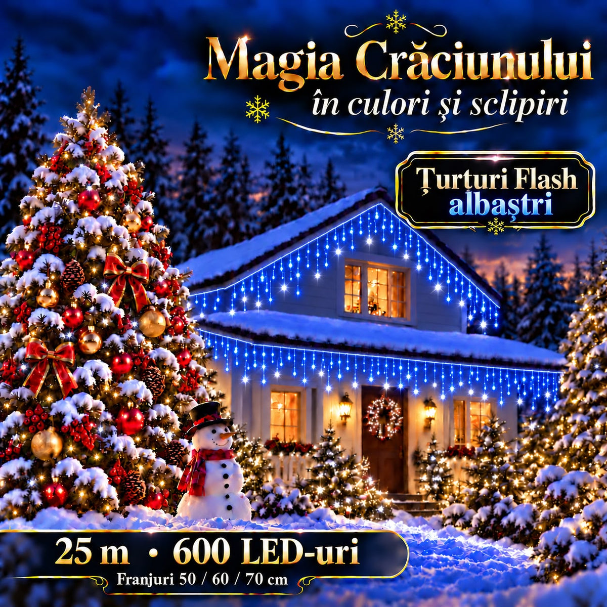 Instalatie de Craciun tip Turturi Flash, Albastri cu Flash Alb rece , 25 m, 600 LED-uri, Franjuri 50/60/70 cm, Fir Alb Gros 2.0, Interconectabili, IP65, Interior/Exterior
