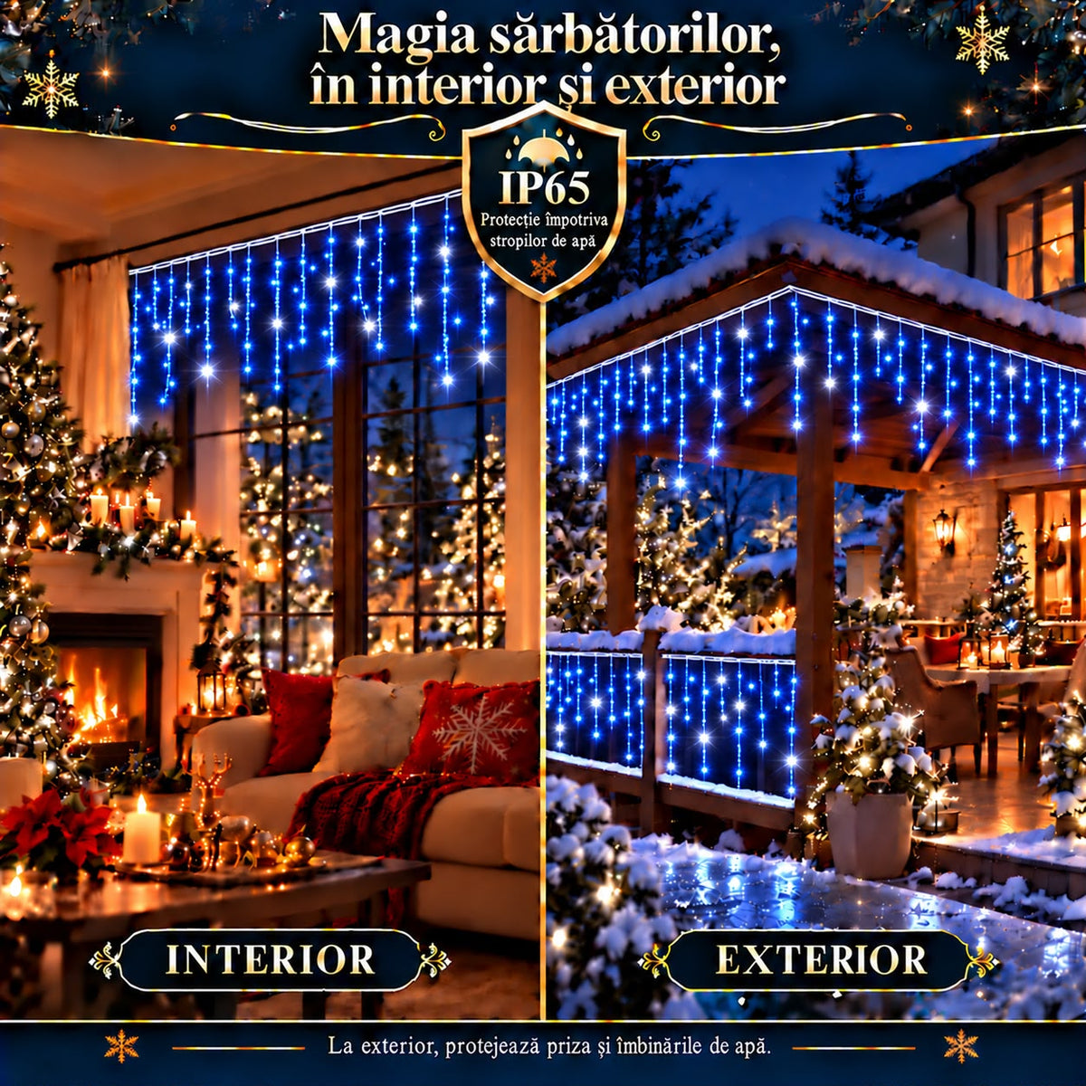 Instalatie de Craciun tip Turturi Flash, Albastri cu Flash Alb rece , 25 m, 600 LED-uri, Franjuri 50/60/70 cm, Fir Alb Gros 2.0, Interconectabili, IP65, Interior/Exterior