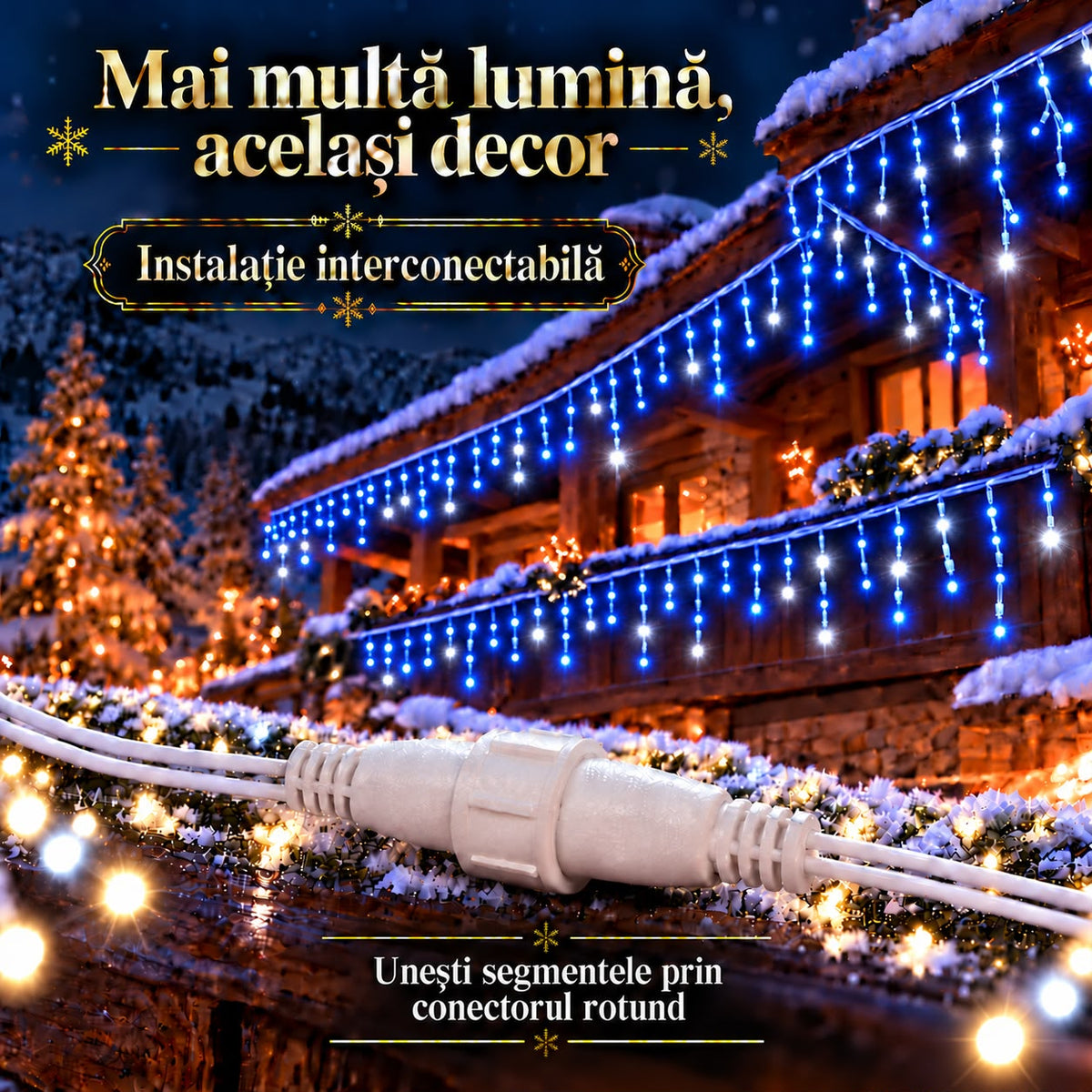 Instalatie de Craciun tip Turturi Flash, Albastri cu Flash Alb rece , 25 m, 600 LED-uri, Franjuri 50/60/70 cm, Fir Alb Gros 2.0, Interconectabili, IP65, Interior/Exterior