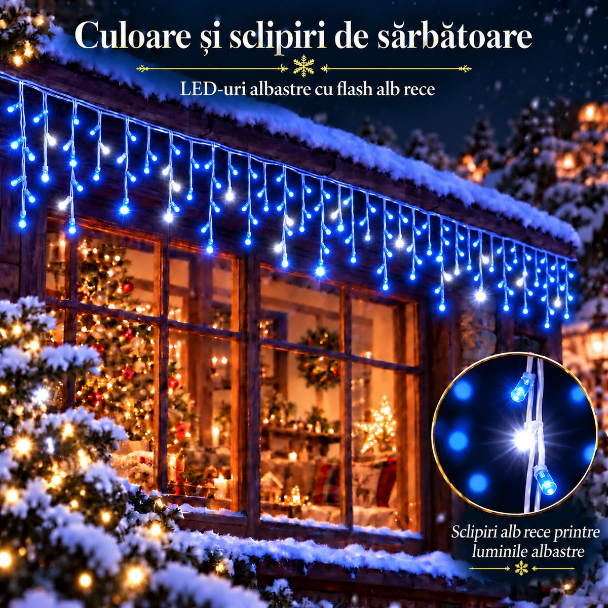 Instalatie de Craciun tip Turturi Flash, Albastri cu Flash Alb rece , 25 m, 600 LED-uri, Franjuri 50/60/70 cm, Fir Alb Gros 2.0, Interconectabili, IP65, Interior/Exterior
