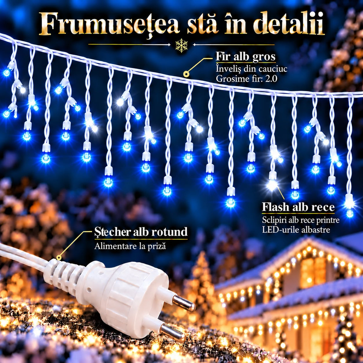 Instalatie de Craciun tip Turturi Flash, Albastri cu Flash Alb rece , 25 m, 600 LED-uri, Franjuri 50/60/70 cm, Fir Alb Gros 2.0, Interconectabili, IP65, Interior/Exterior