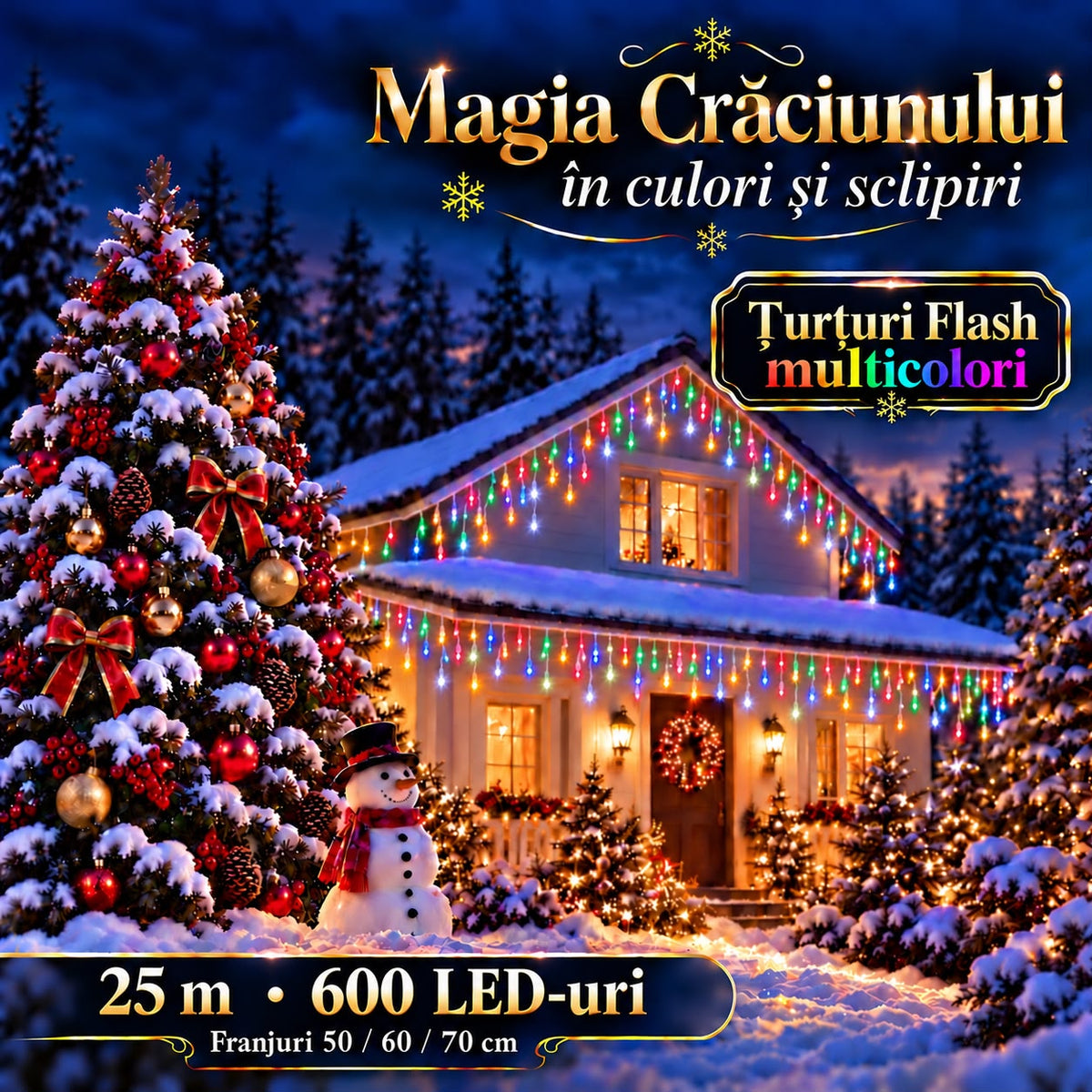 Instalatie de Craciun tip Turturi Flash, Multicolori cu Flash Alb rece , 25 m, 600 LED-uri, Franjuri 50/60/70 cm, Fir Alb Gros 2.0, Interconectabili, IP65, Interior/Exterior